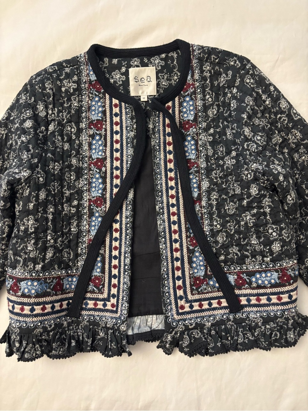 Sea Navy/Black Embroidered Cropped Blazer with Blue and Burgundy Accents